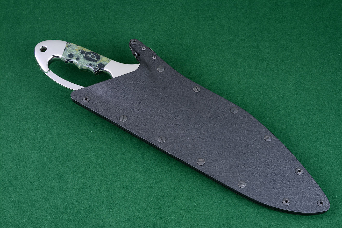 "Ananke" custom khukri, locking sheath tactical rig view. Sheath is positively locking in durable waterproof materials