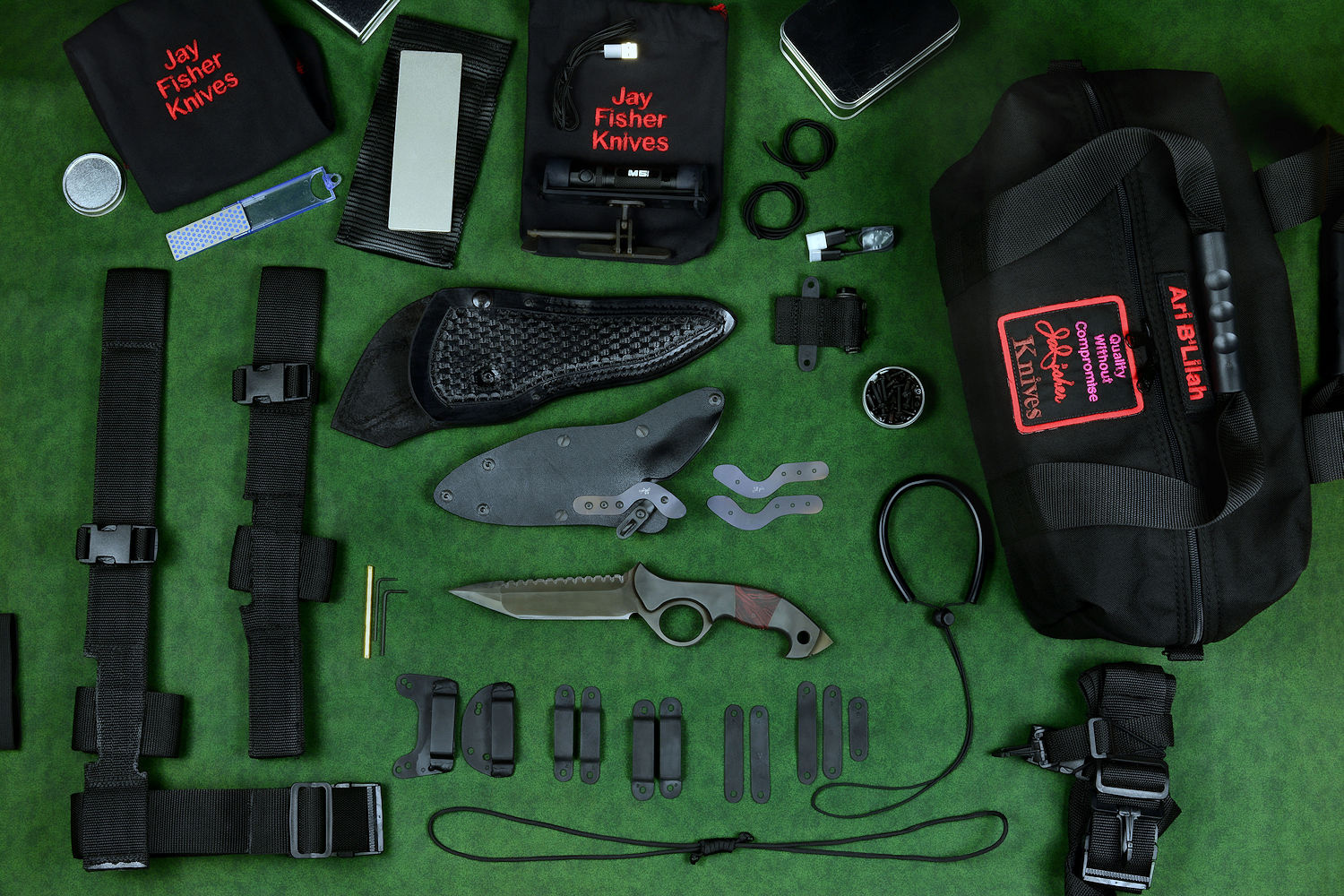 "Ari B'Lilah" Full counterterrorism tactical knife and kit, accessories, UBLX, EXBLX, HULA, LIMA, mounting, hardware, fasteners, storage flashlights, lanyards, double drawstring bags, 1000 denier lined duffle