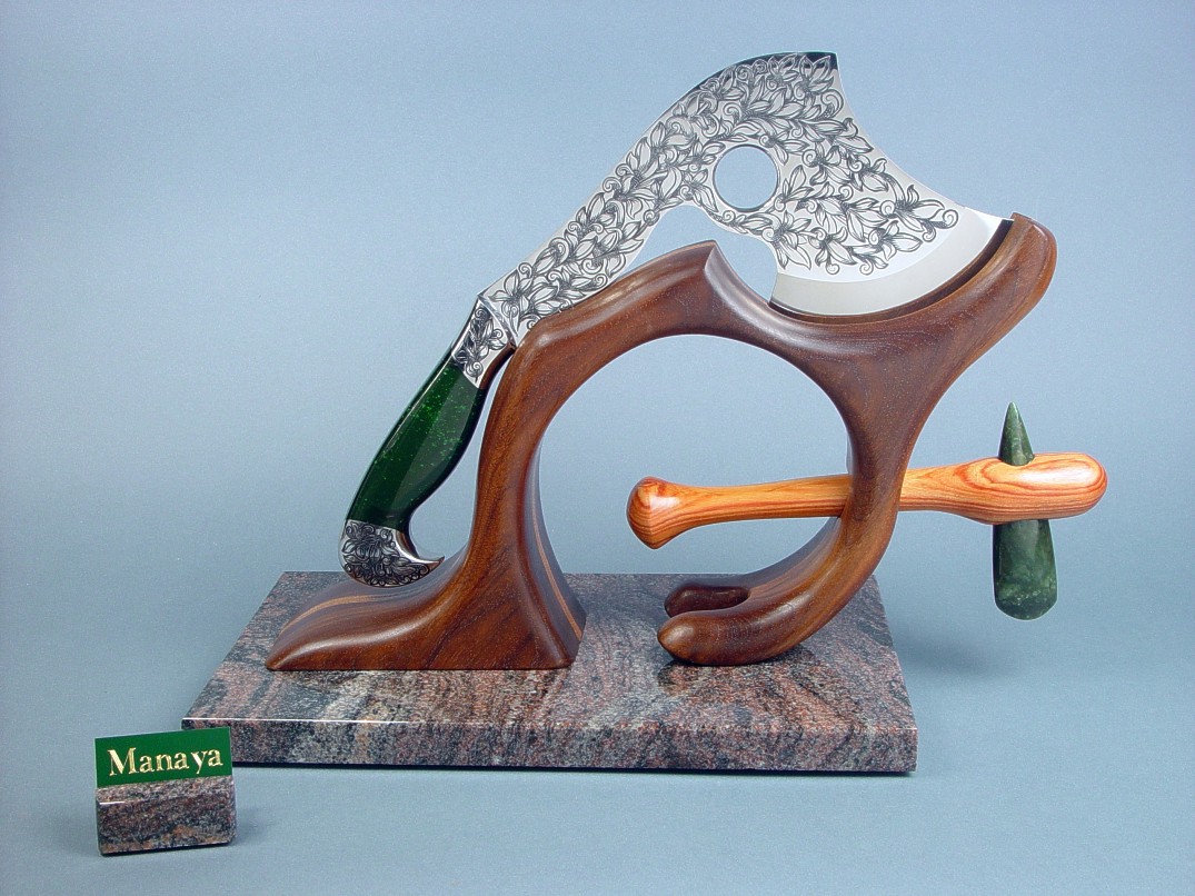 "Manaya" art hatchet on sculptural display stand, with petaloid celt, in jade, exotic hardwood, stainless steel, hand-engraved