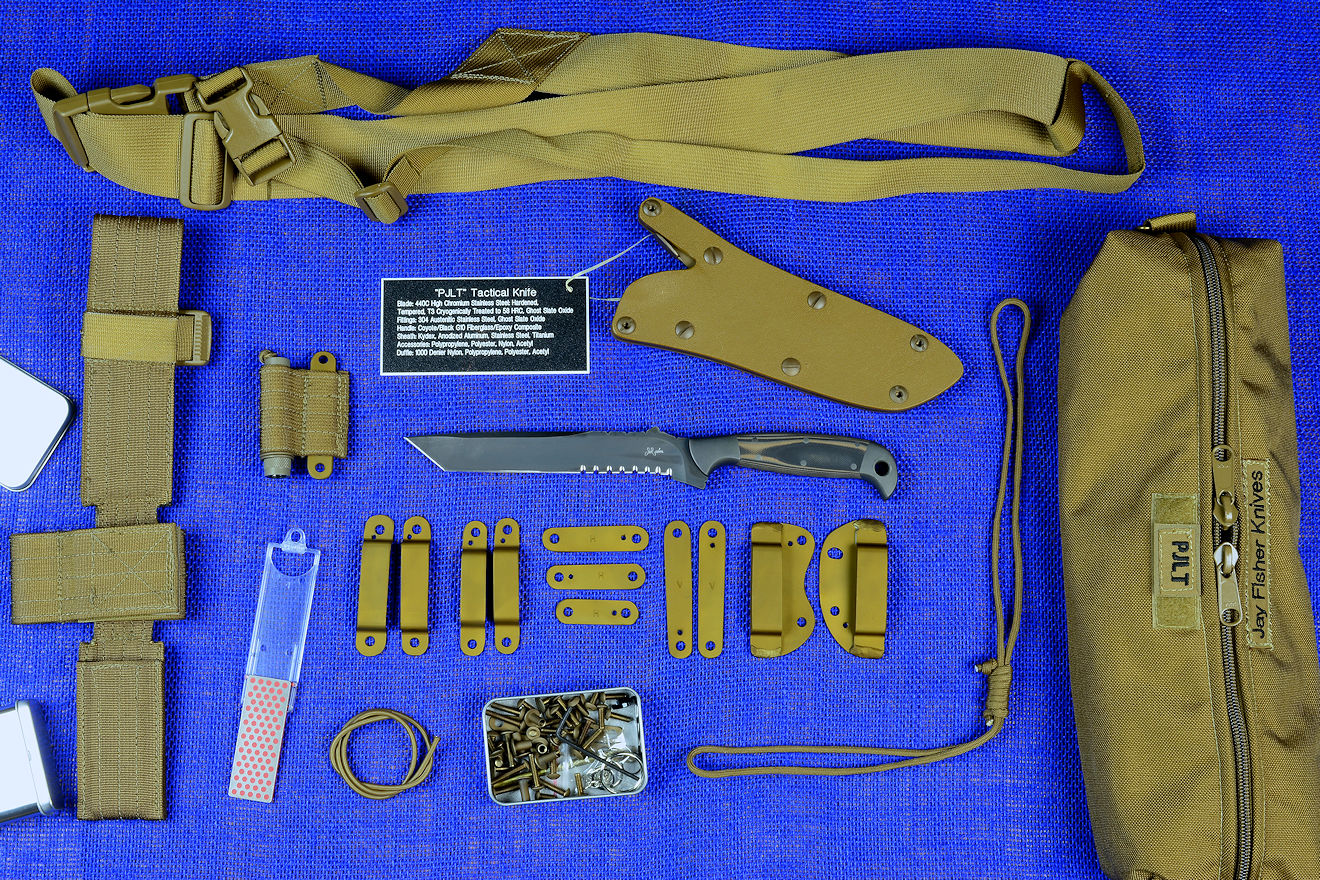 "PJLT" tactical, combat, rescue knife kit, with LIMA, UBLX, belt loops and mounting straps, sternum harness accessories and storage