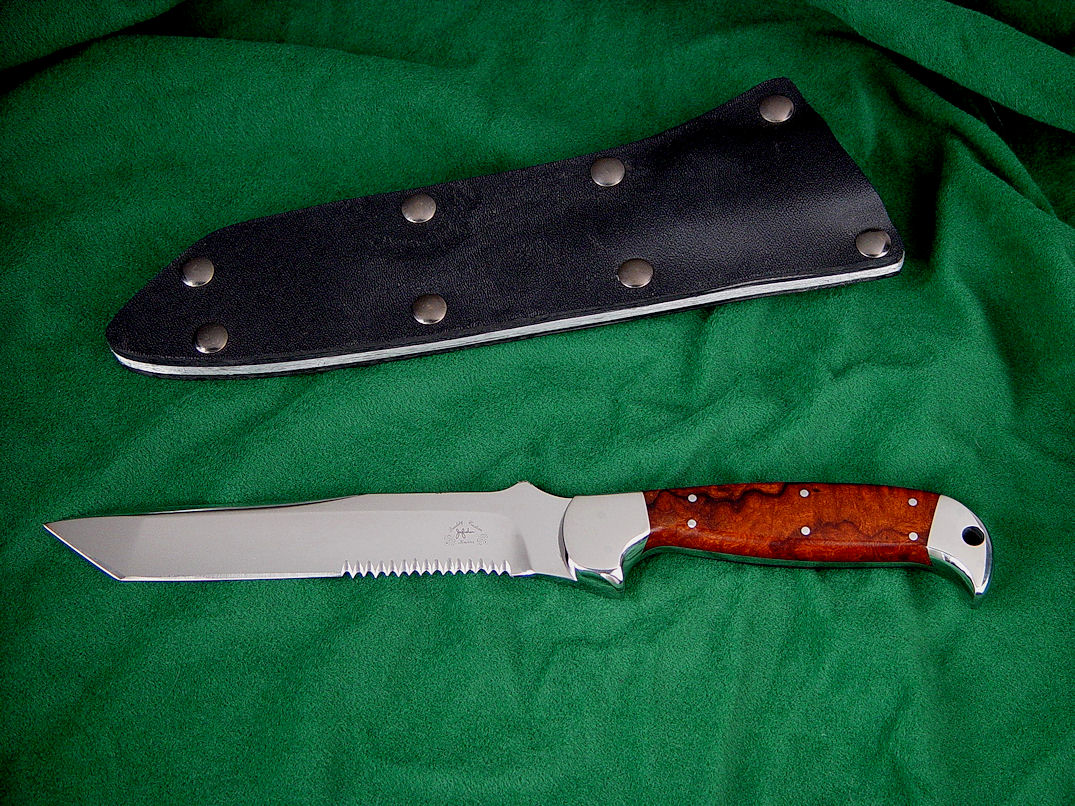 "PJLT" Tactical knife, obverse side view in 440C high chromium stainless steel blade, 304 stainless steel bolsters, Thuya Burl exotic hardwood handle, tension fit kydex, aluminum, nickel plated steel sheath