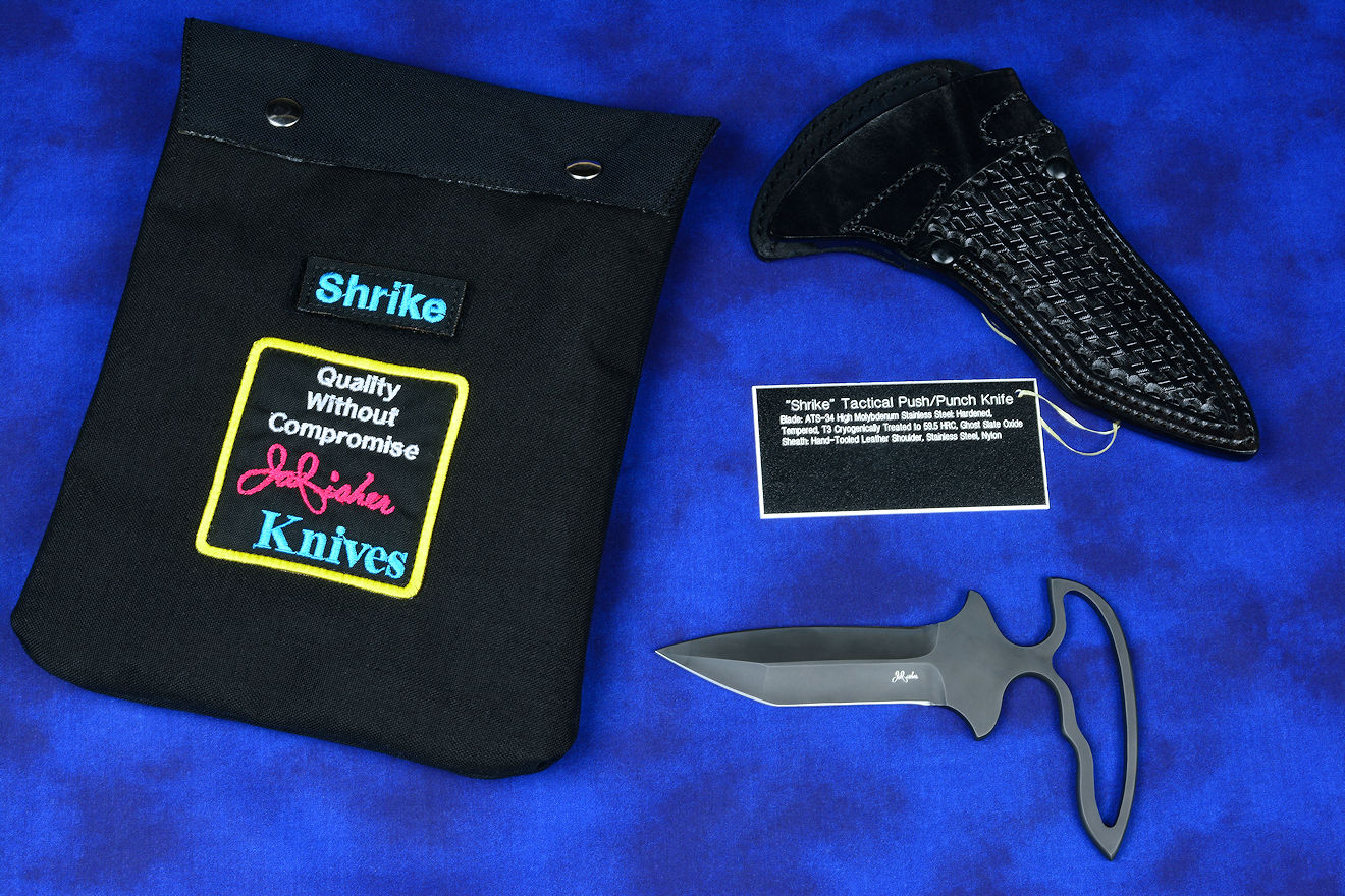 "Shrike" Tactical, Utility Push-Punch dagger/knife, in T3 cryogencially treated ATS-34 high molybdenum martensitic stainless steel blade, positive snap-lock leather sheath, envelope lined storage bag