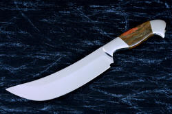 "Courbe Vaste" fine handmade chef's knife, BBQ knife, obverse side view in T3 cyrogenically treated 440C high chromium stainless steel blades, 304 stainless steel bolsters, Caprock petrified wood gemstone handles, Bison (American Buffalo), leather shoulder book case