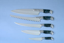 "Cassiopeia" fine custom chef's knives set, consisting of "Shedar" chef's knife, "Tsih" slicing knife, "Achird" paring knife, "Segin" utility knife, and "Caph" bread knife in T3 cryogenically treated 440C high chromium stainless steel blades, hand-engraved 304 stainless steel bolsters, Indian Green Moss Agate gemstone handles