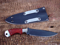 "Creature EL" reverse side view. Note striking handle material, tough aluminum belt loops on kydex sheath