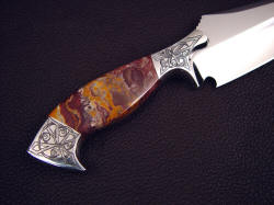 "Malaka" reverse side handle detail. Note bolster front face sculpting to define grind termination, striking hard, tough jasper gemstone handle scales