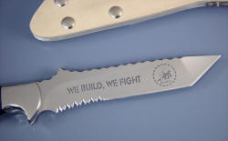 "Seabee" reverse side blade detail. Note aggressive serrations, nickel plated steel screws securing sheath